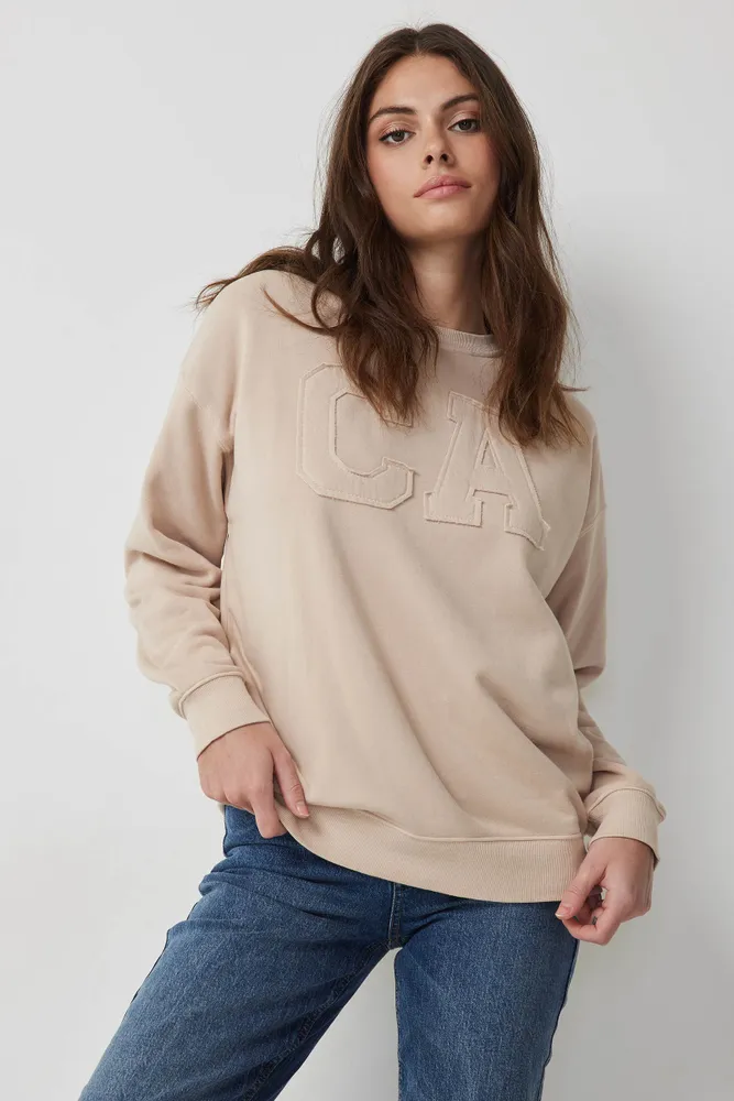 Ardene American Destination Crew Neck Sweatshirt in Beige | Size | Polyester/Cotton | Fleece-Lined