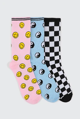 Ardene 3-Pack Crew Socks with Assorted Prints | Polyester/Spandex