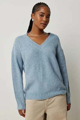 Ardene Long V-Neck Sweater in Medium Blue | Size Small | Polyester
