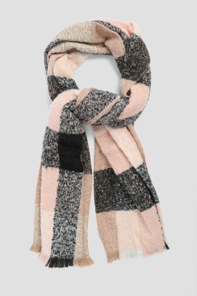 Ardene Boucle Knit Plaid Scarf in Light Pink | Polyester