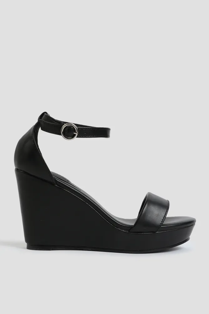 Ardene Platform Wedge Sandals in Black | Size 7 | Faux Leather