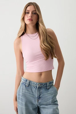 Ardene Basic Crop Picot Trim High Neck Tank Top in Light Pink | Size | Polyester/Elastane