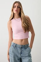 Ardene Basic Crop Picot Trim High Neck Tank Top in Light Pink | Size | Polyester/Elastane