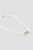 Ardene Pearl Necklace with Bow Pendant in White