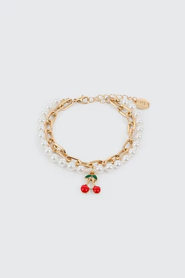 Ardene 2-Row Pearl & Chain Bracelet with Cherry Pendant in Gold