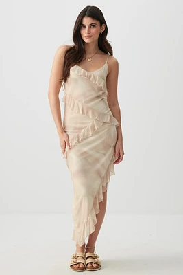 Ardene Asymmetric Ruffle Midi Dress in Beige | Size