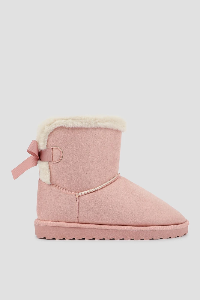 Ardene Faux Sheepskin Boots with Bow in Light Pink | Size | Faux Suede | Eco-Conscious | Microfiber