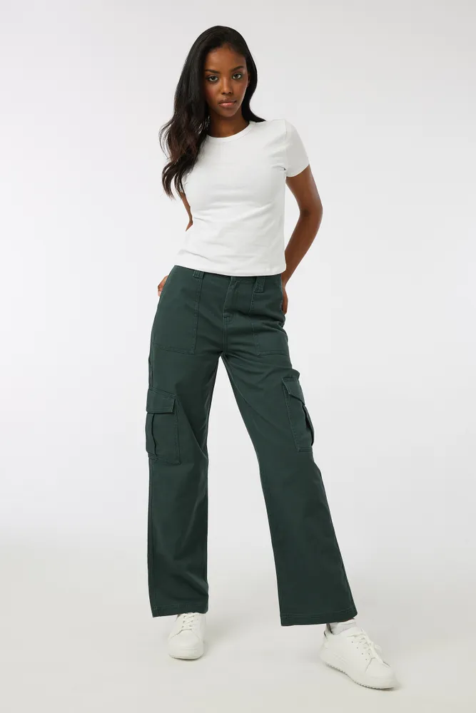 Ardene High Rise Straight Leg Cargo Pants in Dark Green, Size, 100%  Cotton
