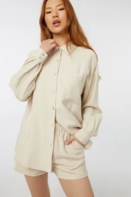 Ardene A.C.W. Oversized Button-Up Shirt in Beige | Size | Rayon/Nylon