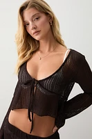 Ardene Tie Front Crochet Long Sleeve Top in | Size | Polyester