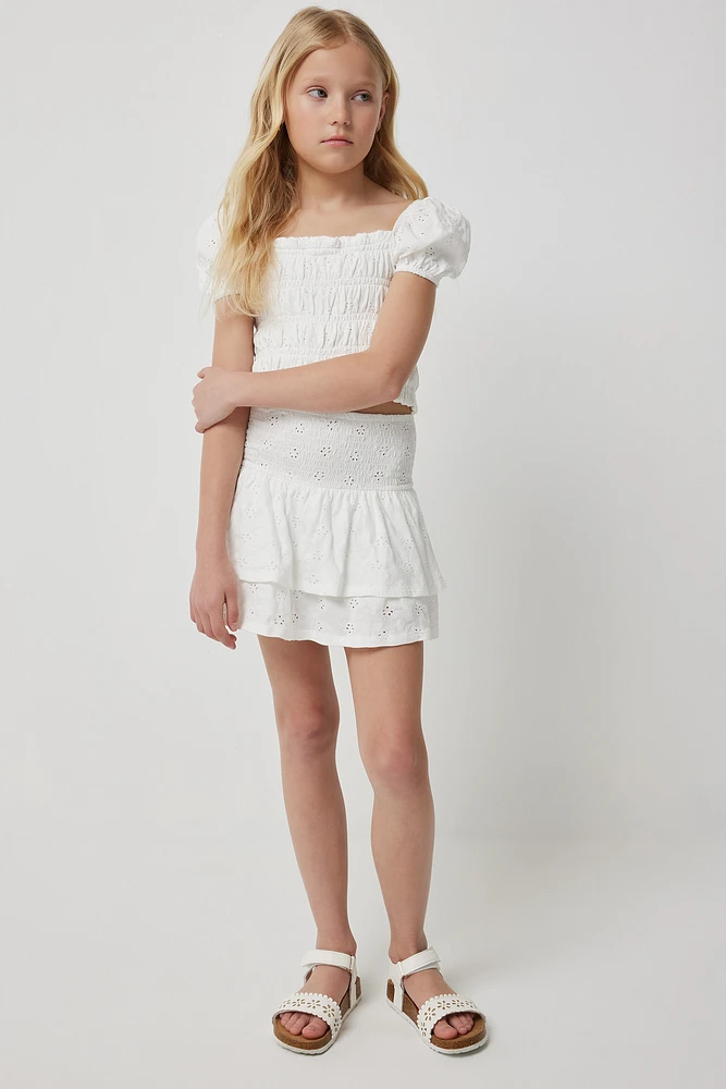 Ardene Kids Eyelet Tiered Mini Skirt in White | Size Large | Polyester/Elastane