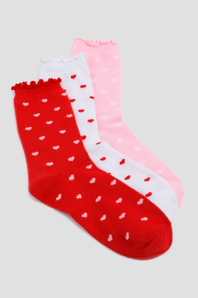 Ardene 3-Pack Heart Crew Socks in Red | Polyester/Spandex