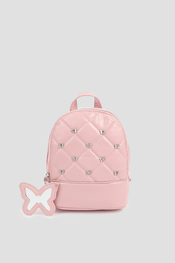 Ardene Kids Studded Backpack with Mirror in Light Pink | Faux Leather