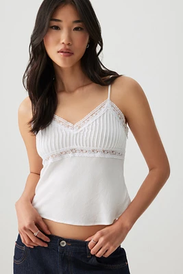 Ardene Lace Trim Jacquard Tank Top in White | Size | 100% Viscose