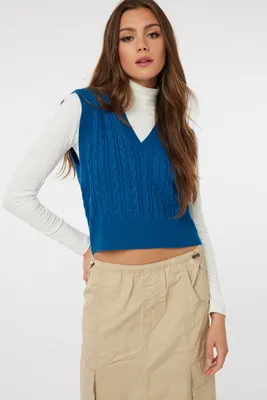 Ardene V-Neck Cable Sweater Vest in Blue | Size Small | 100% Acrylic