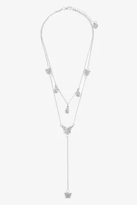 Ardene 2-Row Butterfly & Droplet Necklace in Silver