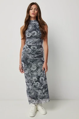 Ardene Printed Mesh Draped Dress in Grey | Size | Polyester/Elastane