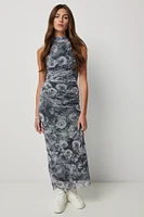 Ardene Printed Mesh Draped Dress in Grey | Size | Polyester/Elastane