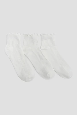Ardene 3-Pack of Lettuce Hem Demi-Crew Socks in White | Polyester/Spandex