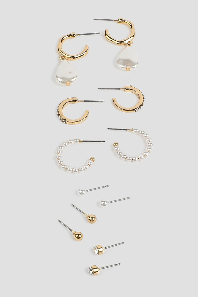 Ardene 6-Pack Pearl Studs & Hoop Earrings in Gold | Stainless Steel