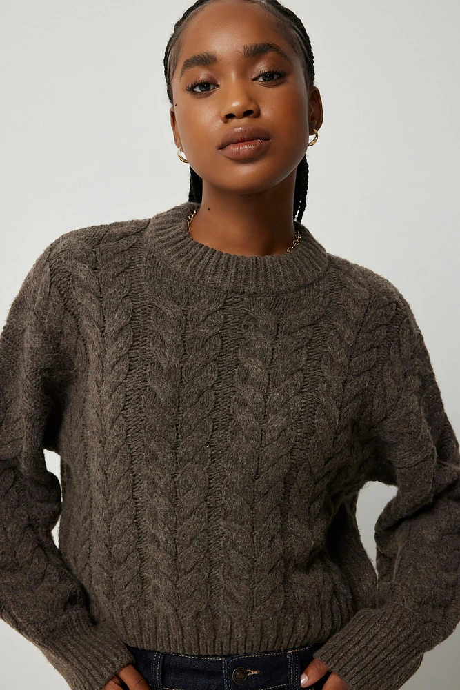 Ardene Short Cable Knit Sweater in Brown | Size Small