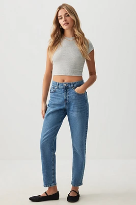 Ardene High Rise Mom Jeans in Medium Blue | Size | Cotton/Elastane
