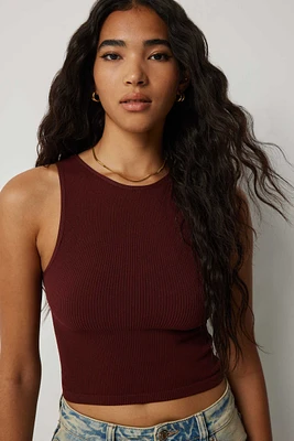 Ardene Basic High Neck Seamless Crop Tank Top in Burgundy | Size | Nylon/Elastane