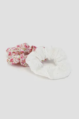 Ardene 2-Pack Floral & Solid Scrunchies in Medium Pink | Polyester