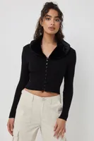 Ardene Faux Fur Collar Crop Cardigan in | Size | Polyester/Nylon/Viscose