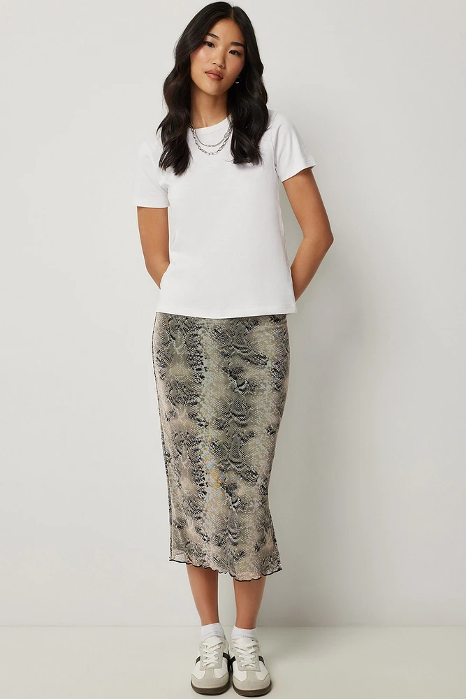 Ardene Animal Print Mesh Midi Skirt with Slit in Grey | Size | Polyester/Spandex