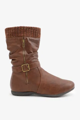 Ardene Knit Trim Winterized Boots in Brown | Size | Faux Leather/Faux Suede/Rubber