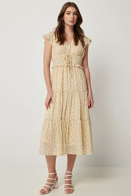 Ardene Floral Tiered Midi Dress in Light Yellow | Size | Polyester