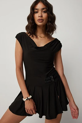 Ardene Pleated Mini Dress with Buckle Details in Black | Size | Polyester/Elastane