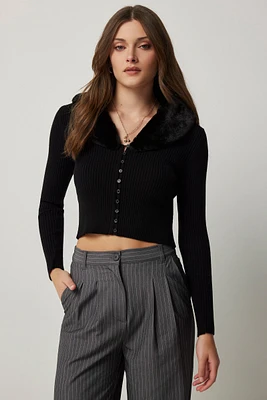 Ardene Faux Fur Collar Crop Cardigan in | Size | Polyester/Nylon/Viscose