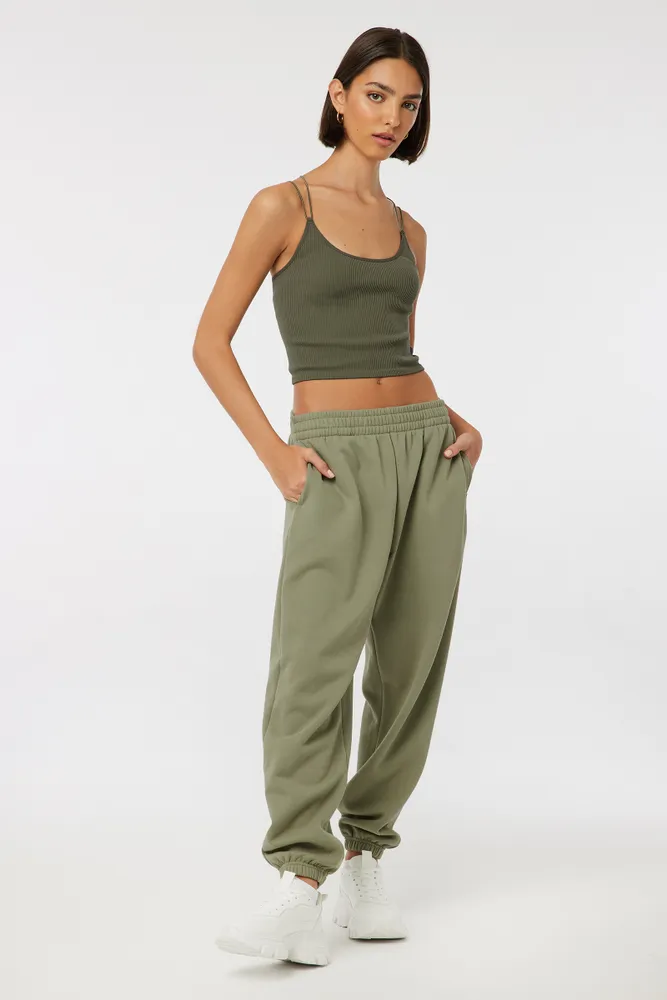 Ardene Baggy Sweatpants in Khaki, Size Large, Polyester/Cotton, Fleece- Lined, Eco-Conscious