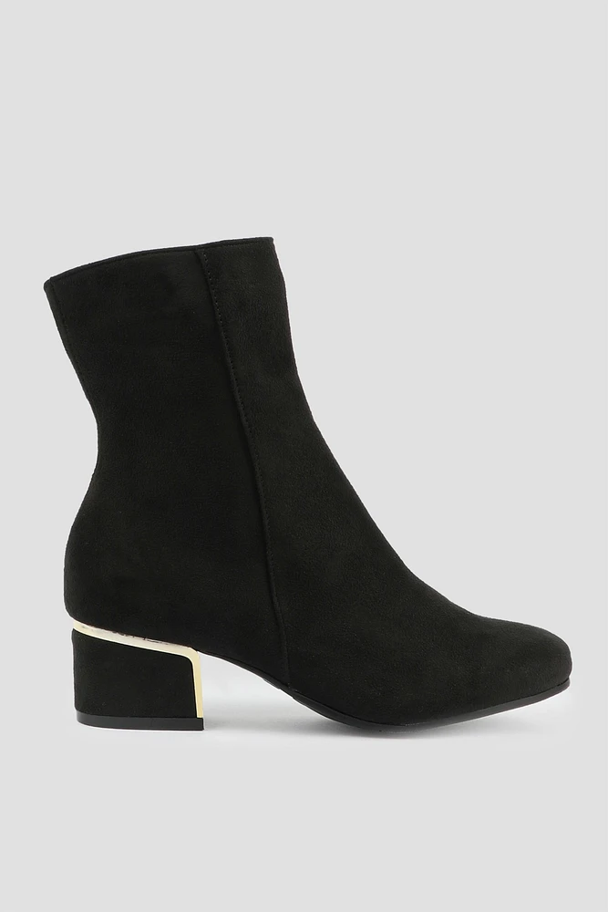 Ardene Gold Accent Block Heel Boots in Black | Size | Faux Suede | Eco-Conscious