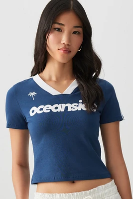 Ardene Crop Graphic Contrast V-Neck T-Shirt in Dark Blue | Size | Cotton/Elastane