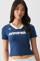 Ardene Crop Graphic Contrast V-Neck T-Shirt in Dark Blue | Size | Cotton/Elastane
