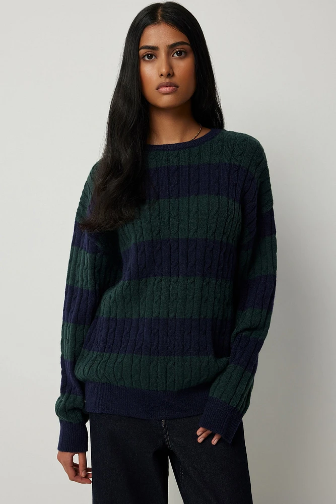 Ardene Striped Cable Knit Sweater in Dark Green | Size | Polyester/Nylon