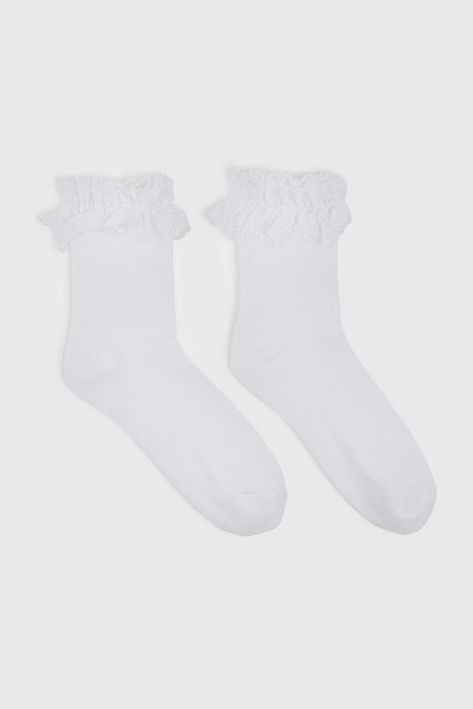 Ardene Lace Frill Crew Socks in White | Polyester/Spandex