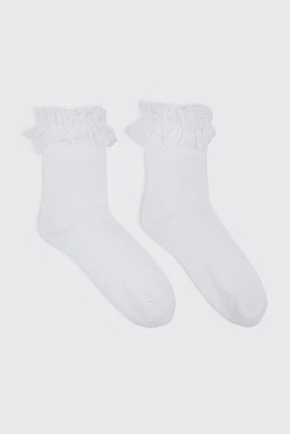 Ardene Lace Frill Crew Socks in White | Polyester/Spandex