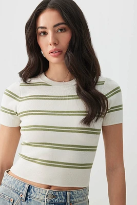 Ardene Striped Ultra Crop Short Sleeve Sweater in Sage | Size | Nylon/Viscose