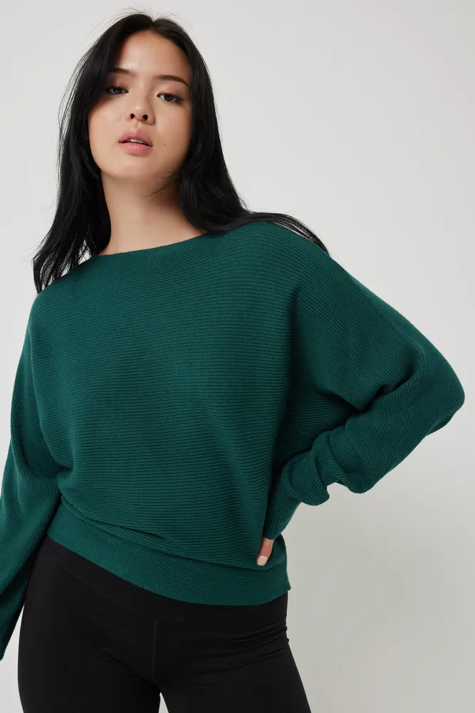 Ardene Horizontal Ribbed Dolman Sweater in Dark Green, Size, Polyester/Rayon/Nylon