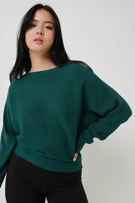 Ardene Horizontal Ribbed Dolman Sweater in Dark Green | Size Large | Polyester/Rayon/Nylon