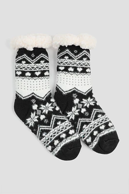 Ardene Fair Isle Slipper Socks in Black | Polyester/Spandex