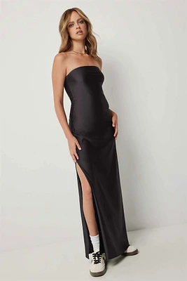 Ardene Satin Tube Dress with Slit in Black | Size | Polyester/Elastane