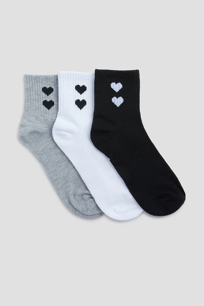 Ardene 3-Pack Heart Ribbed Demi Crew Socks in Grey | Polyester/Spandex