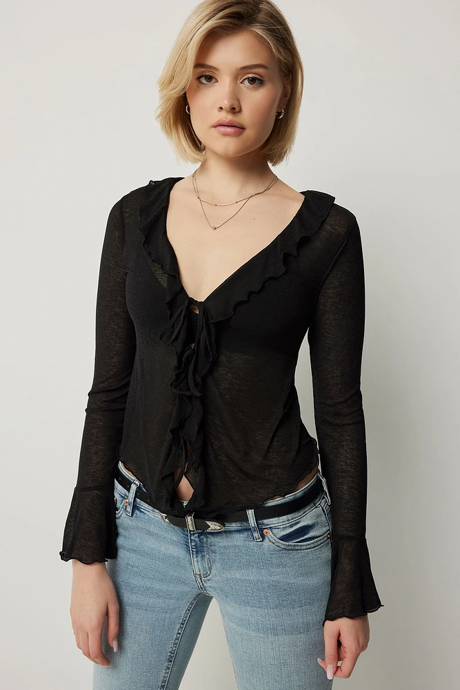 Ardene Tie Front Top with Frills in | Size | Polyester