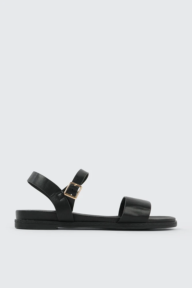 Ardene Ankle Strap Flat Sandals in Black | Size | Faux Leather | Eco-Conscious