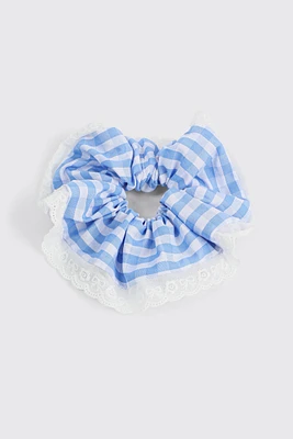 Ardene Lace Trim Gingham Scrunchie in Light Blue